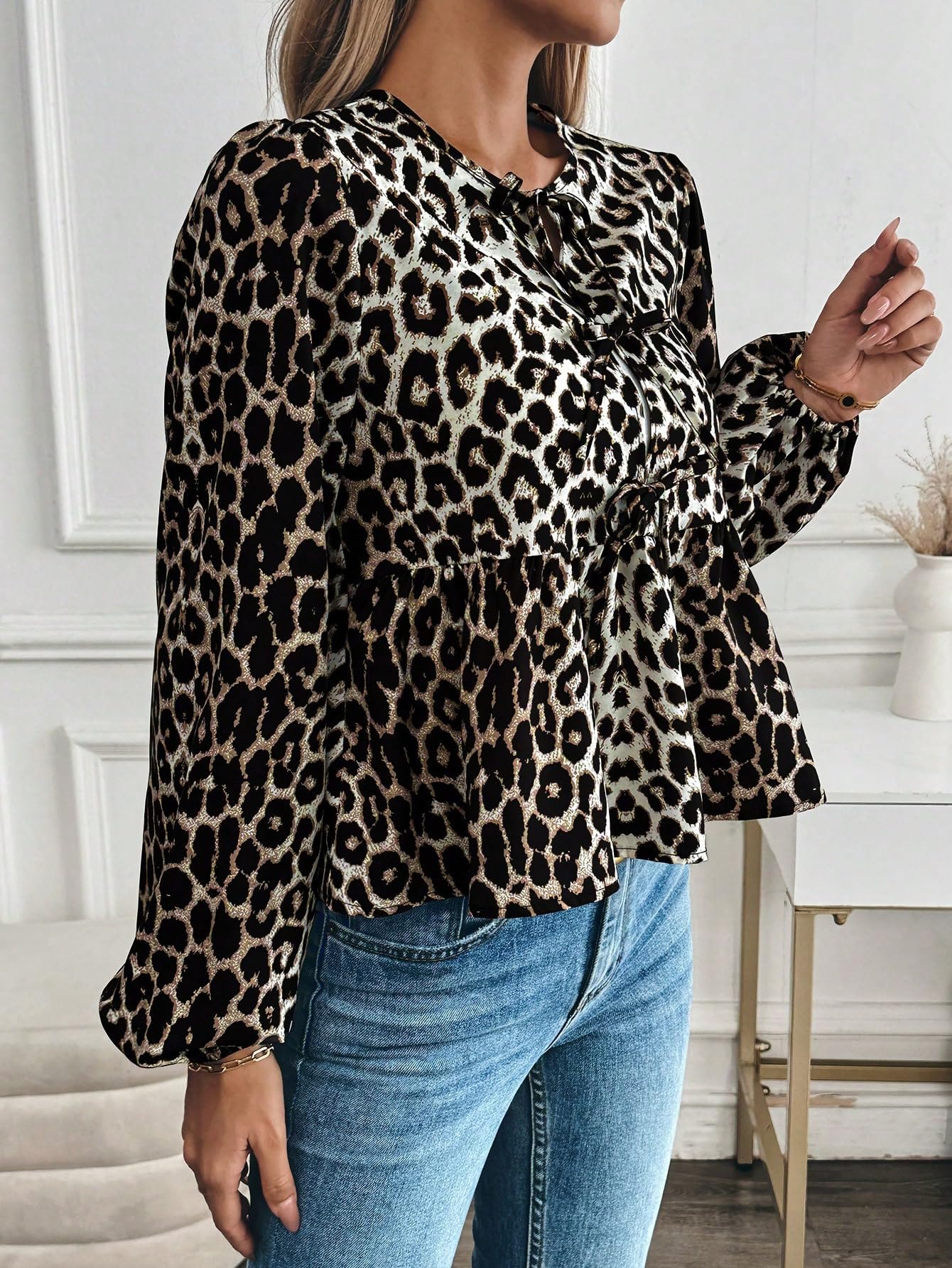 MakeMeChic Women's Leopard Print Tie Neck Blouses Long Lantern Sleeve Ruffled Tops Multicolor Leopard X - Large - Bella Blue Styles