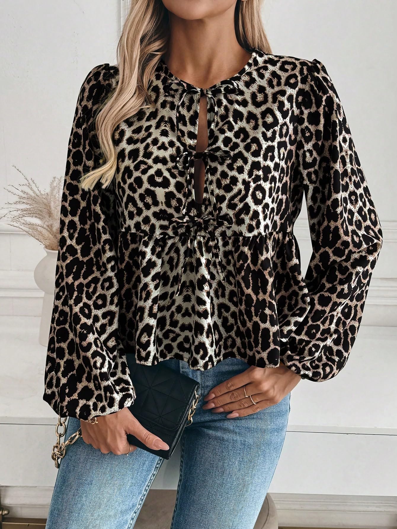 MakeMeChic Women's Leopard Print Tie Neck Blouses Long Lantern Sleeve Ruffled Tops Multicolor Leopard X - Large - Bella Blue Styles