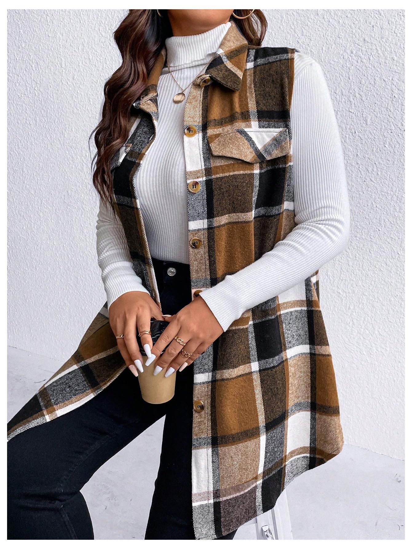 MakeMeChic Women's Plus Size Outwear Vest Top Plaid Tweed Jacket Button Down Shirt Plus Brown 2XL - Bella Blue Styles