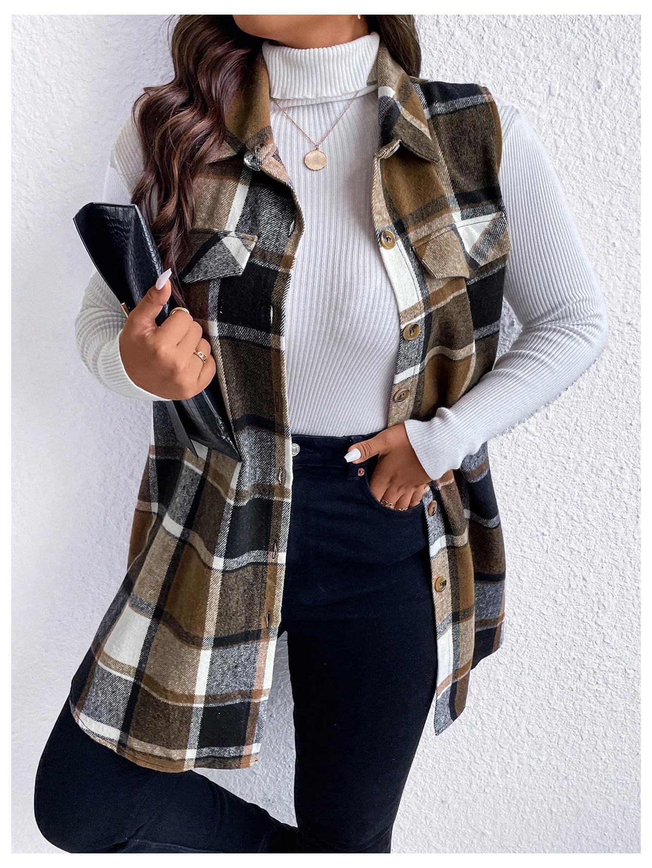 MakeMeChic Women's Plus Size Outwear Vest Top Plaid Tweed Jacket Button Down Shirt Plus Brown 2XL - Bella Blue Styles