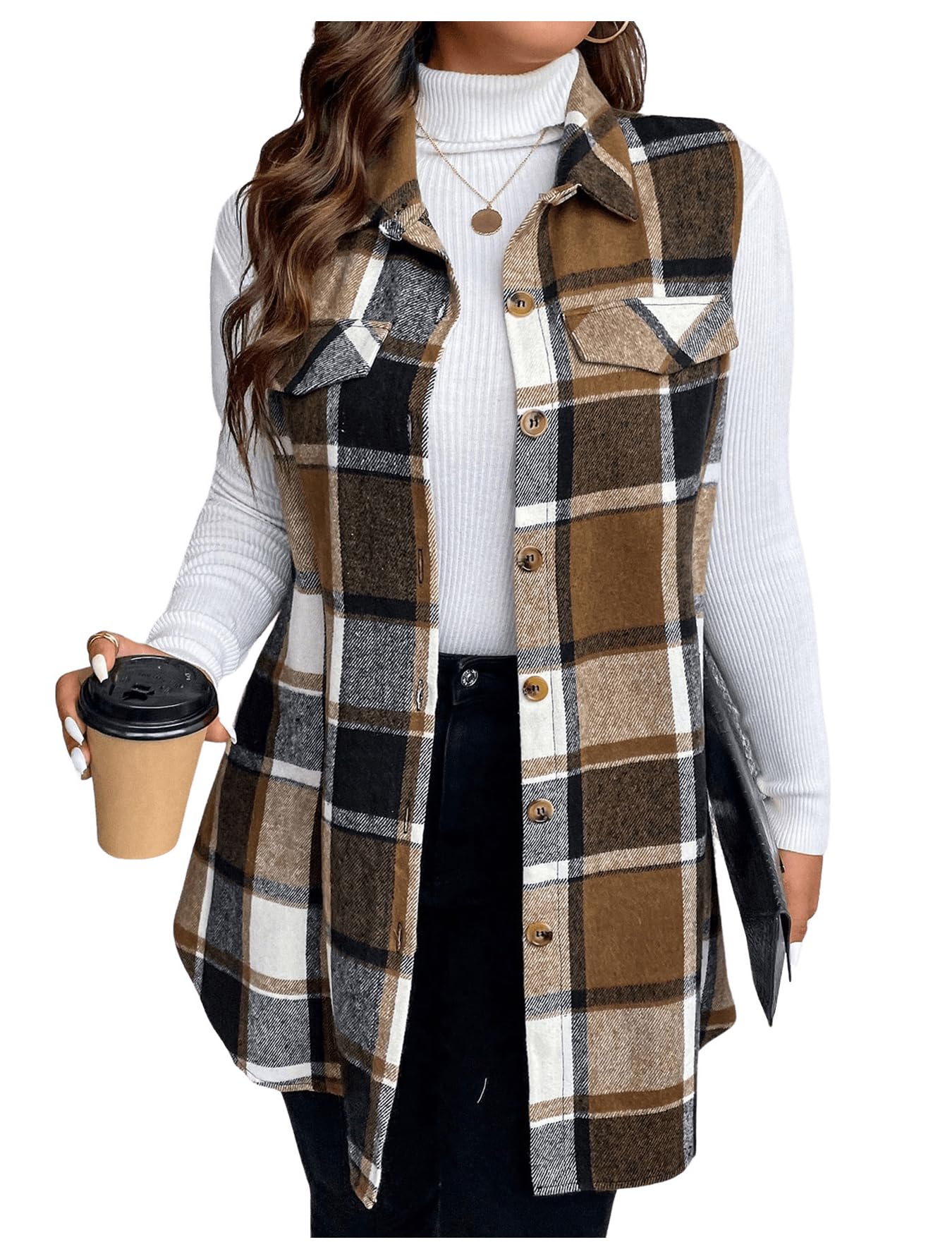 MakeMeChic Women's Plus Size Outwear Vest Top Plaid Tweed Jacket Button Down Shirt Plus Brown 2XL - Bella Blue Styles