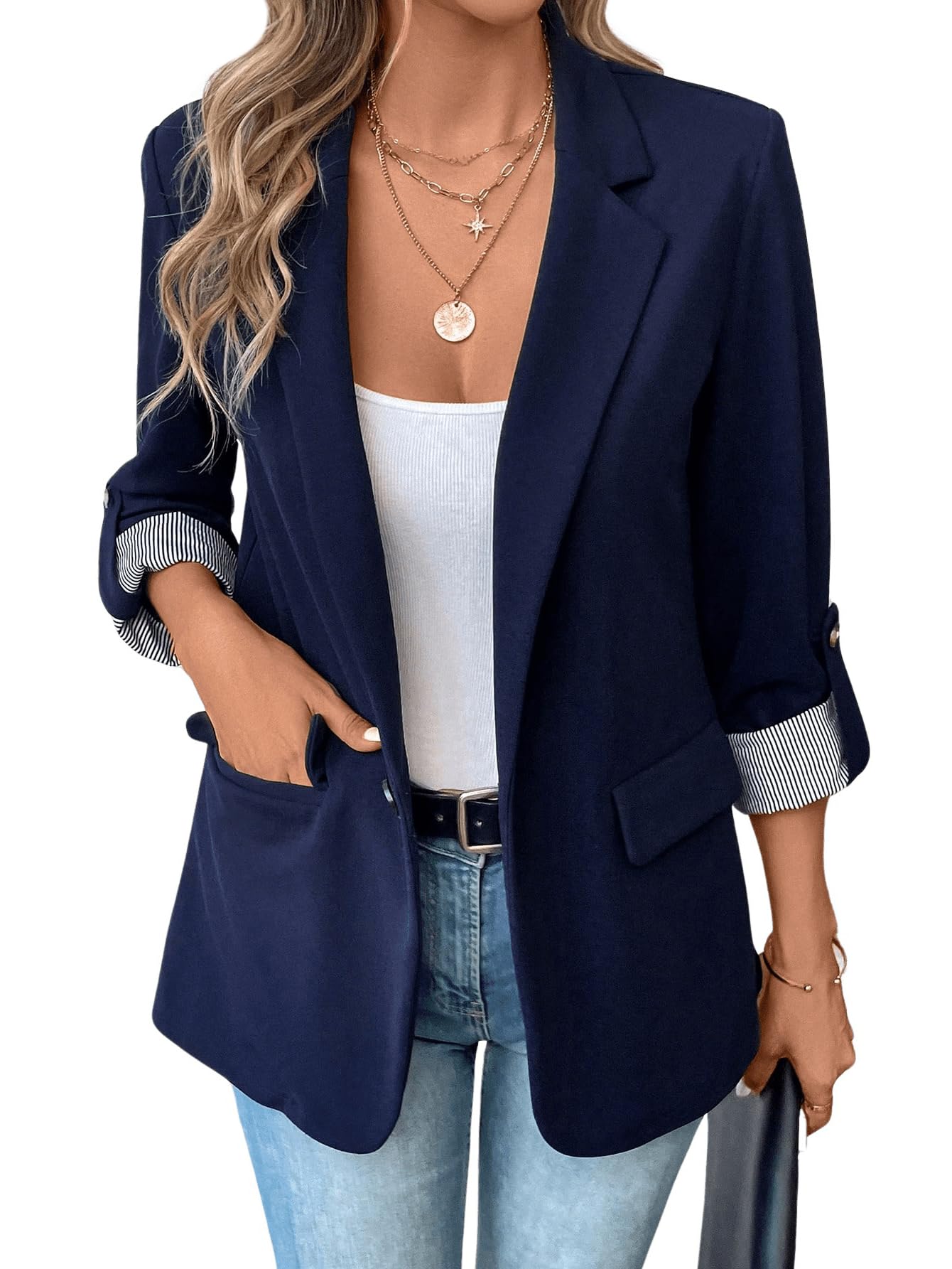 MakeMeChic Women's Roll Up Sleeve Single Button Office Blazer Lapel Neck Elegant Business Jacket Work Outerwear Blue X - Large - Bella Blue Styles