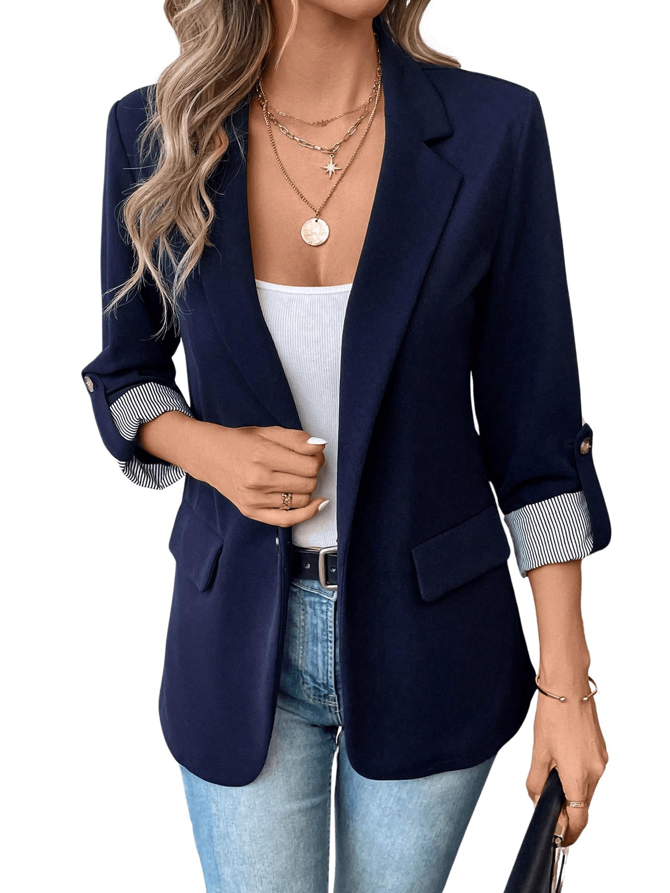 MakeMeChic Women's Roll Up Sleeve Single Button Office Blazer Lapel Neck Elegant Business Jacket Work Outerwear Blue X - Large - Bella Blue Styles