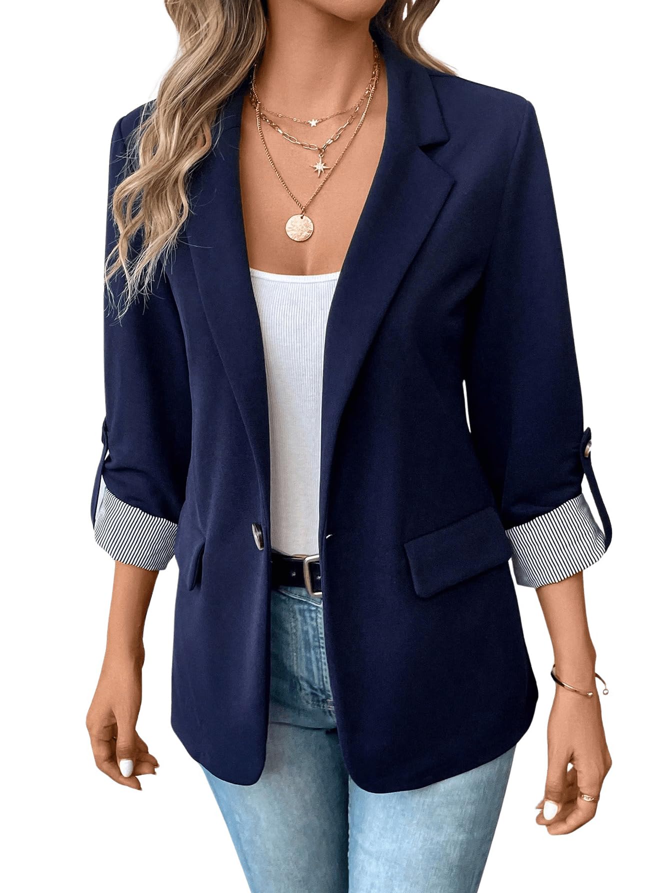 MakeMeChic Women's Roll Up Sleeve Single Button Office Blazer Lapel Neck Elegant Business Jacket Work Outerwear Blue X - Large - Bella Blue Styles