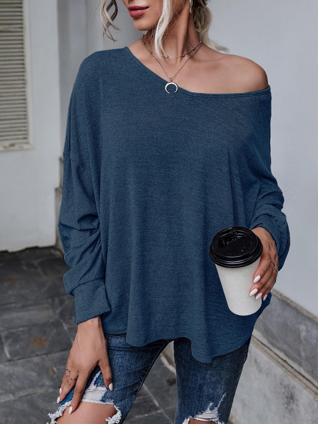 MakeMeChic Women's Solid Tie Back V Neck Long Sleeve Drop Shoulder Casual Tee Shirt Top Dusty Blue X - Large - Bella Blue Styles