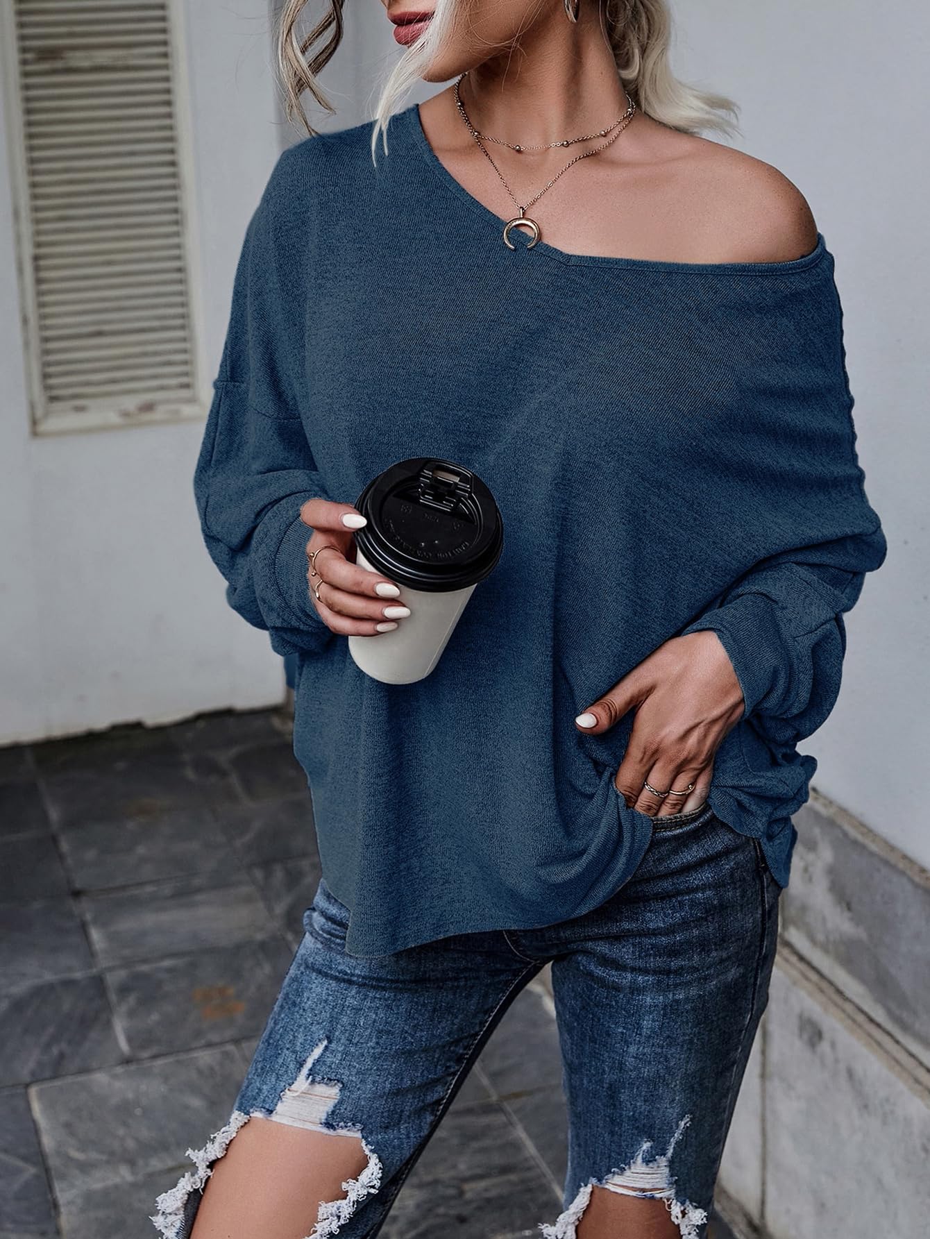 MakeMeChic Women's Solid Tie Back V Neck Long Sleeve Drop Shoulder Casual Tee Shirt Top Dusty Blue X - Large - Bella Blue Styles