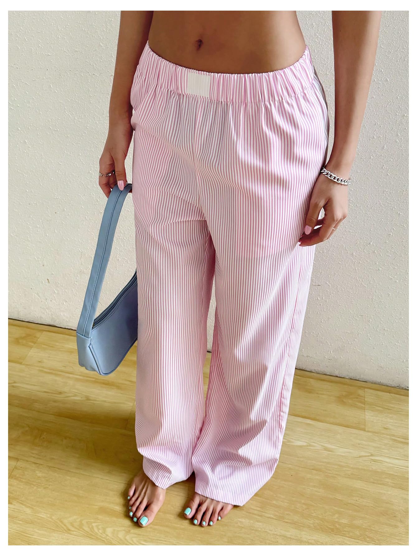 MakeMeChic Women's Striped Print Straight Leg Pants Elastic Waist Slant Pocket Trousers Pink Small - Bella Blue Styles