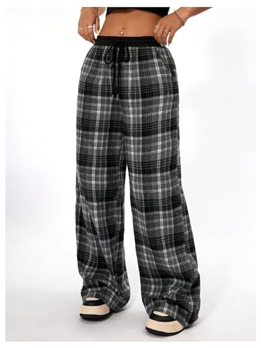 MakeMeChic Women's Wide Leg Pants Plaid Drawstring High Waist Loose Work Baggy Pants Sweatpants with Pocket Black Small - Bella Blue Styles