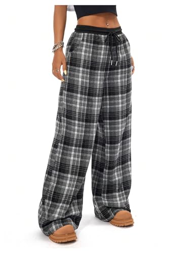 MakeMeChic Women's Wide Leg Pants Plaid Drawstring High Waist Loose Work Baggy Pants Sweatpants with Pocket Black Small - Bella Blue Styles