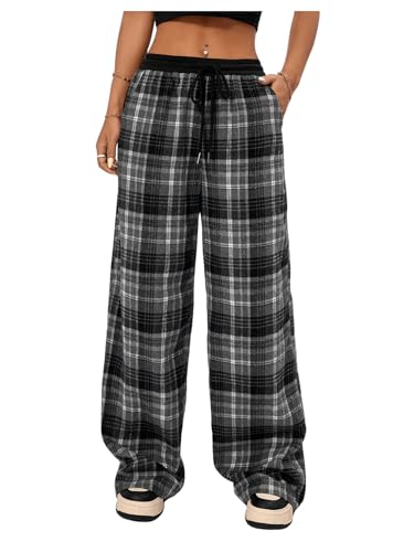 MakeMeChic Women's Wide Leg Pants Plaid Drawstring High Waist Loose Work Baggy Pants Sweatpants with Pocket Black Small - Bella Blue Styles