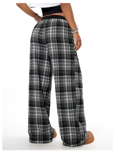 MakeMeChic Women's Wide Leg Pants Plaid Drawstring High Waist Loose Work Baggy Pants Sweatpants with Pocket Black Small - Bella Blue Styles