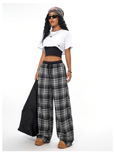 MakeMeChic Women's Wide Leg Pants Plaid Drawstring High Waist Loose Work Baggy Pants Sweatpants with Pocket Black Small - Bella Blue Styles