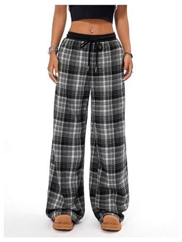 MakeMeChic Women's Wide Leg Pants Plaid Drawstring High Waist Loose Work Baggy Pants Sweatpants with Pocket Black Small - Bella Blue Styles