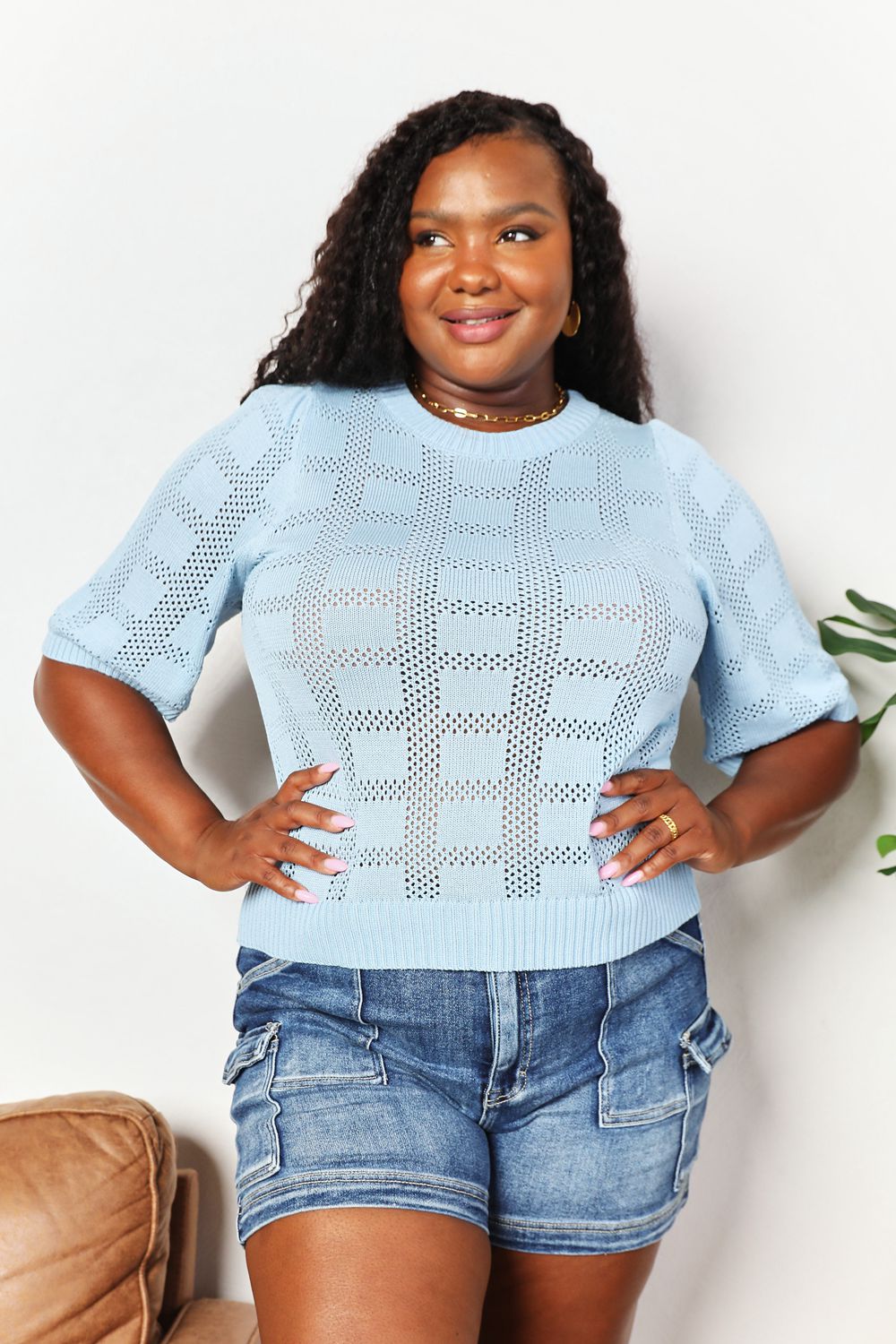 Mandy Ribbed Trim Round Neck Knit Top - Bella Blue Styles