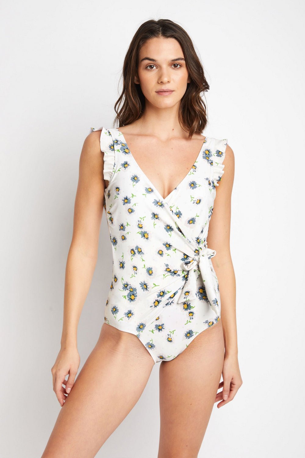 Marina West Swim Float On Ruffle Faux Wrap One-Piece in Daisy Cream - Bella Blue Styles