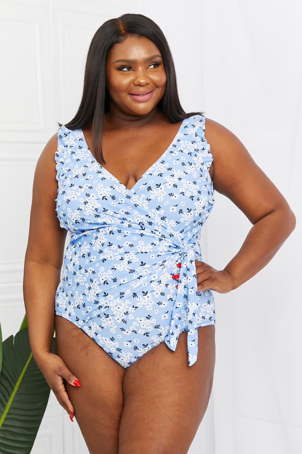 Marina West Swim Full Size Float On Ruffle Faux Wrap One-Piece in Blossom Blue - Bella Blue Styles