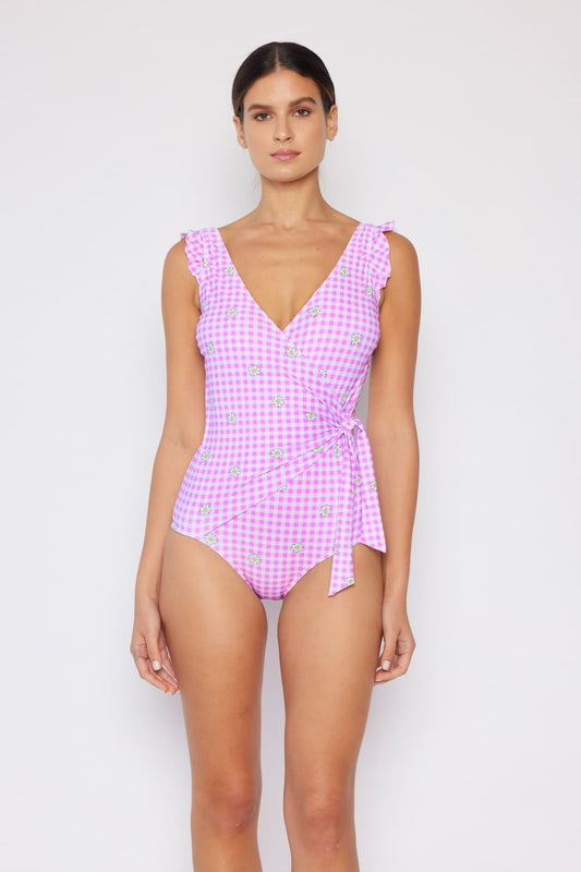 Marina West Swim Full Size Float On Ruffle Faux Wrap One-Piece in Carnation Pink - Bella Blue Styles