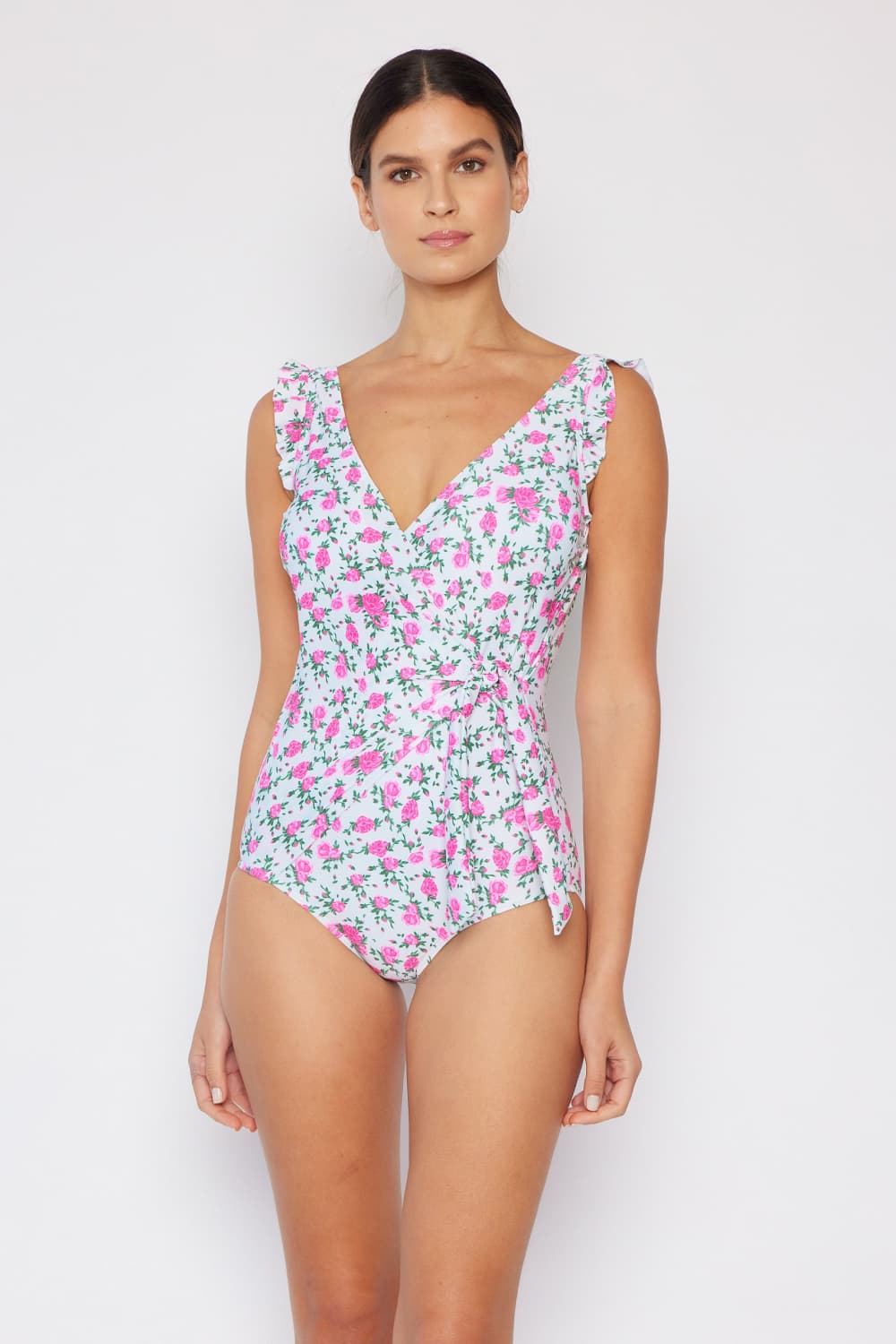 Marina West Swim Full Size Float On Ruffle Faux Wrap One-Piece in Roses Off-White - Bella Blue Styles