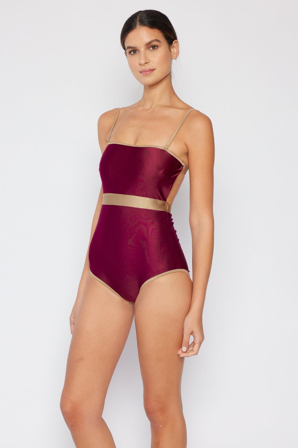 Marina West Swim Wave Break Contrast Trim One-Piece in Wine - Bella Blue Styles