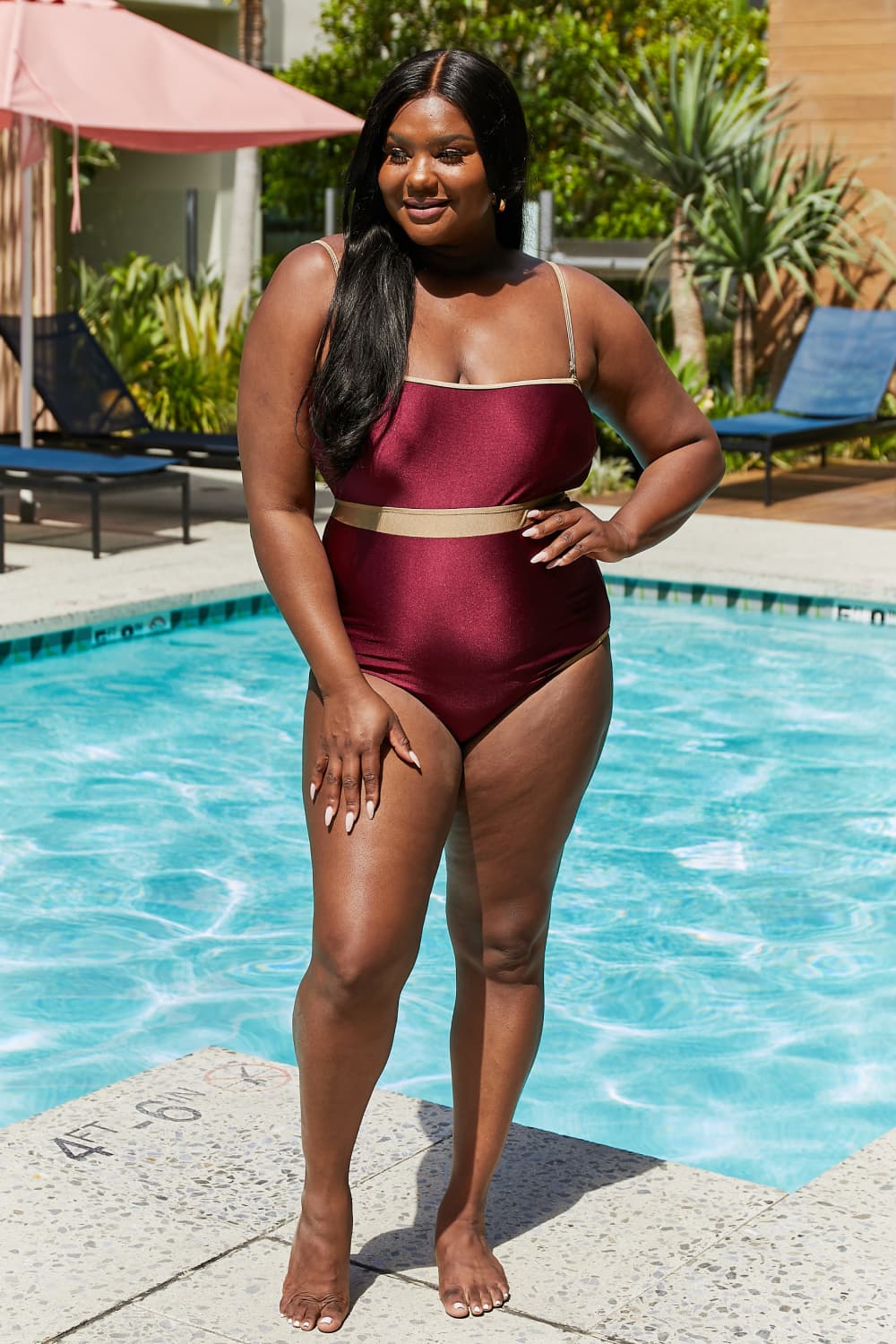 Marina West Swim Wave Break Contrast Trim One-Piece in Wine - Bella Blue Styles