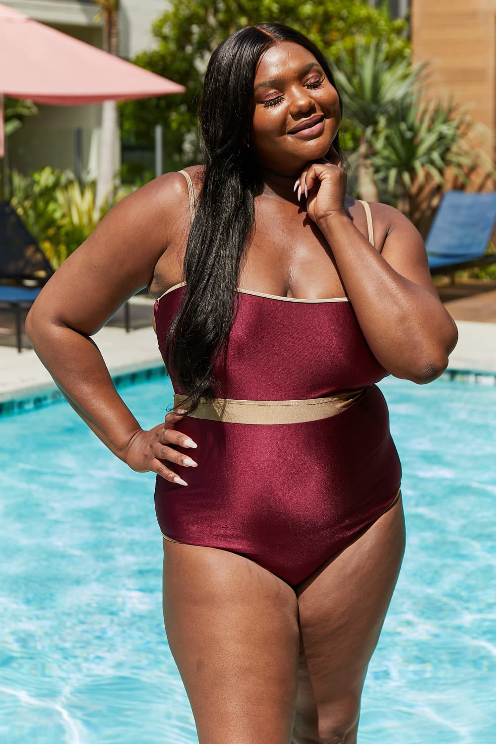 Marina West Swim Wave Break Contrast Trim One-Piece in Wine - Bella Blue Styles