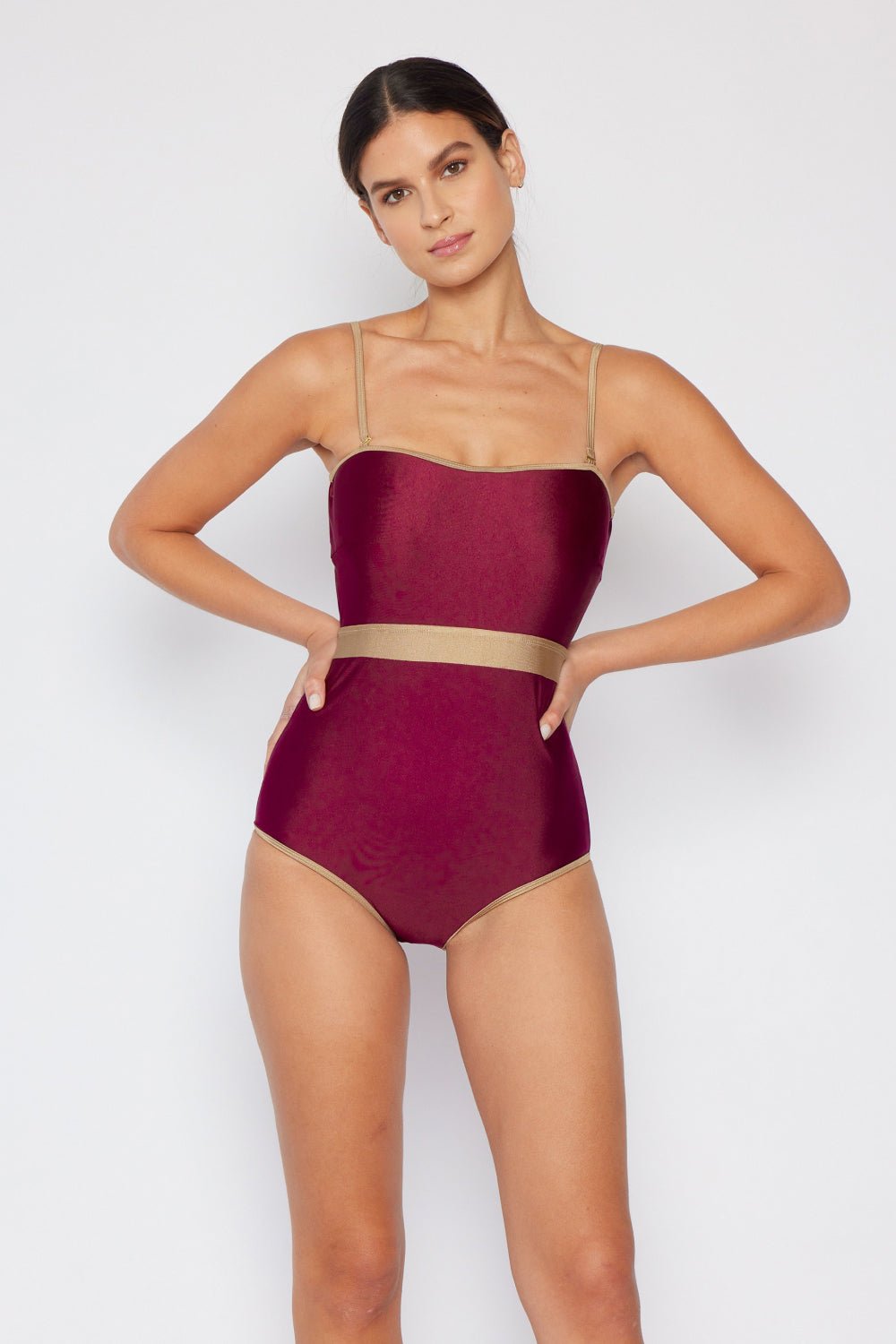 Marina West Swim Wave Break Contrast Trim One-Piece in Wine - Bella Blue Styles