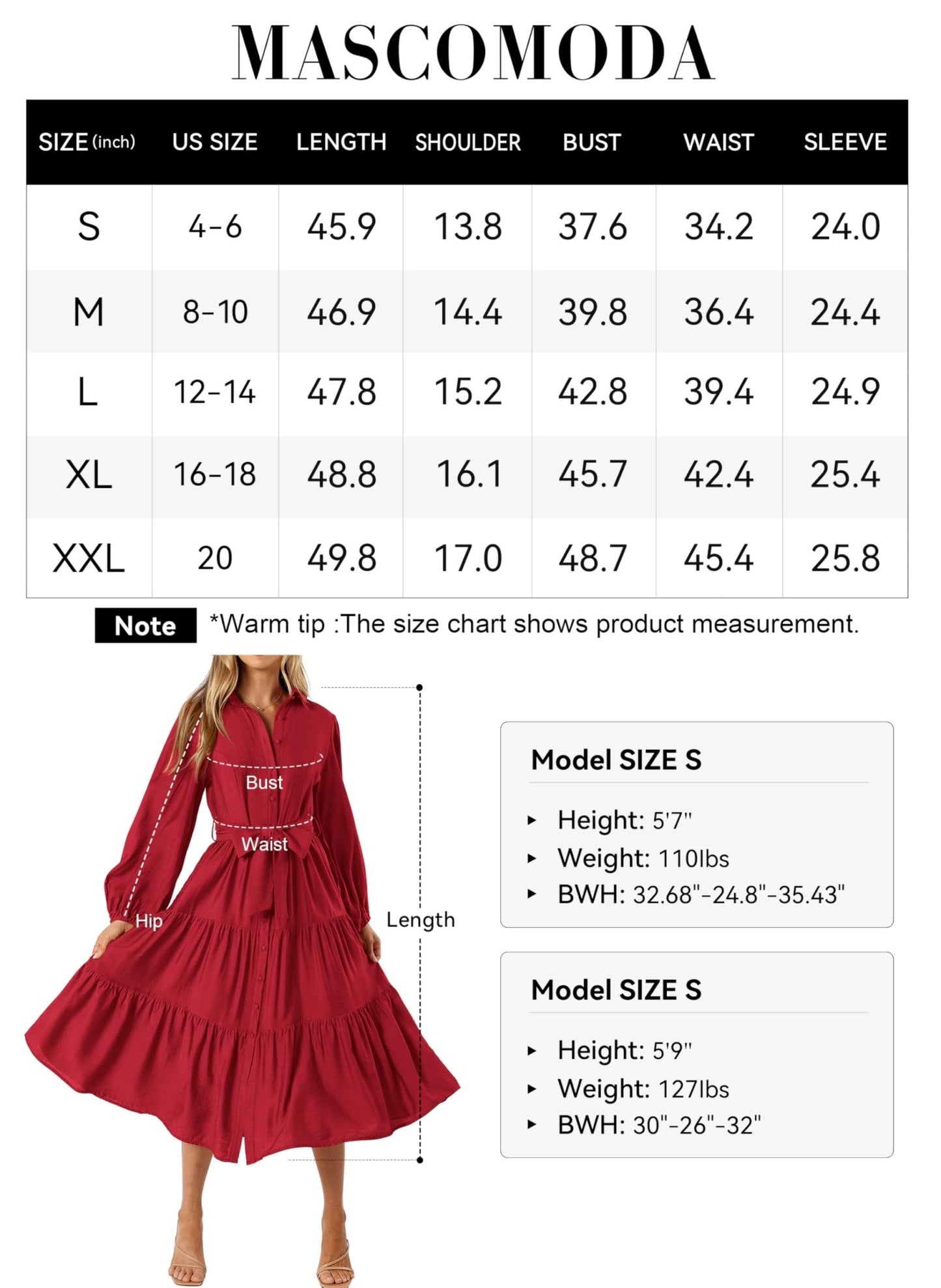 MASCOMODA Womens Dresses 2024 Fall Long Sleeve Midi Dress Casual V Neck Button Down Tiered Flowy Aline Tie Waist Shirt Dress(Red,X - Large) - Bella Blue Styles