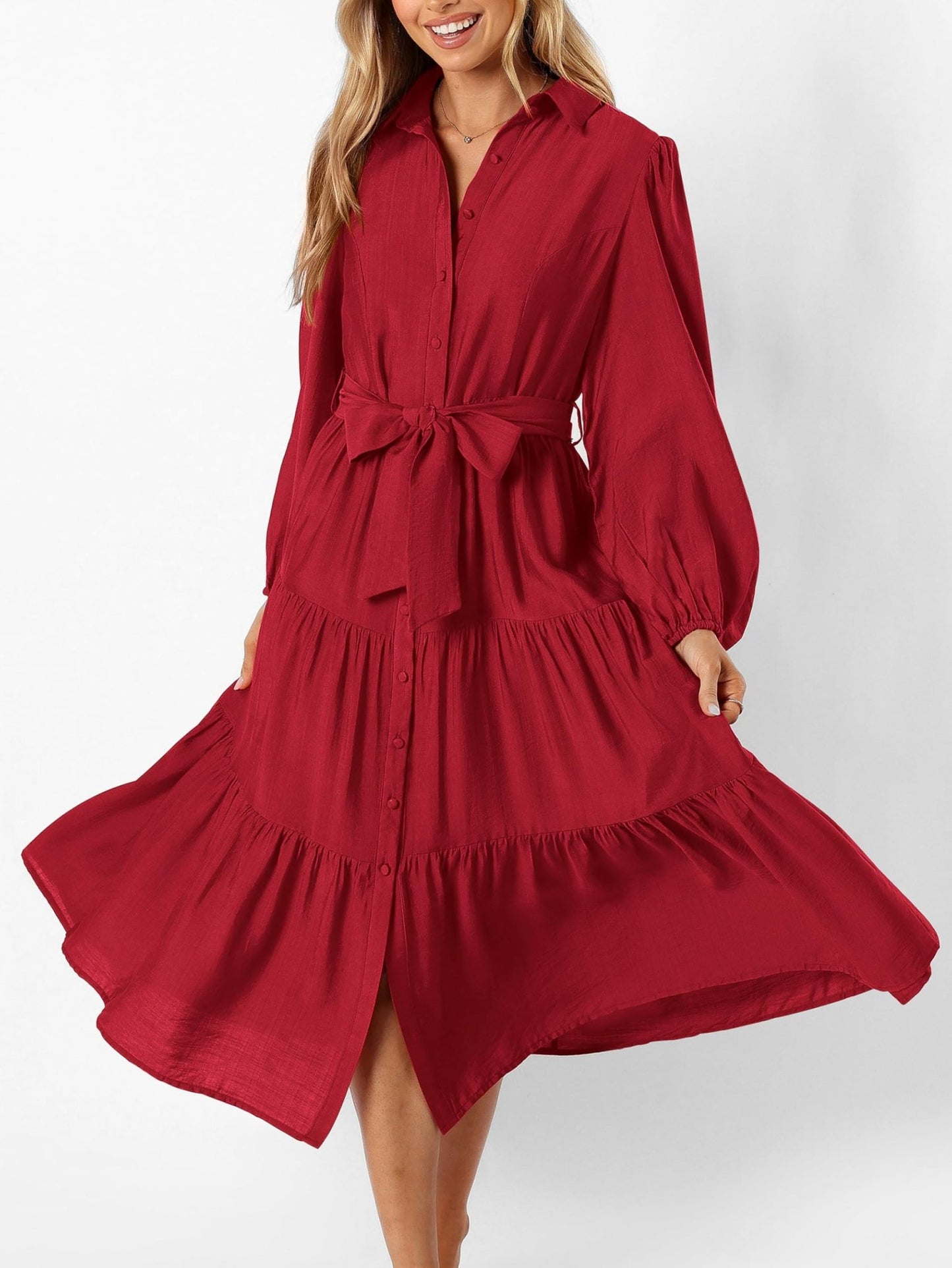 MASCOMODA Womens Dresses 2024 Fall Long Sleeve Midi Dress Casual V Neck Button Down Tiered Flowy Aline Tie Waist Shirt Dress(Red,X - Large) - Bella Blue Styles