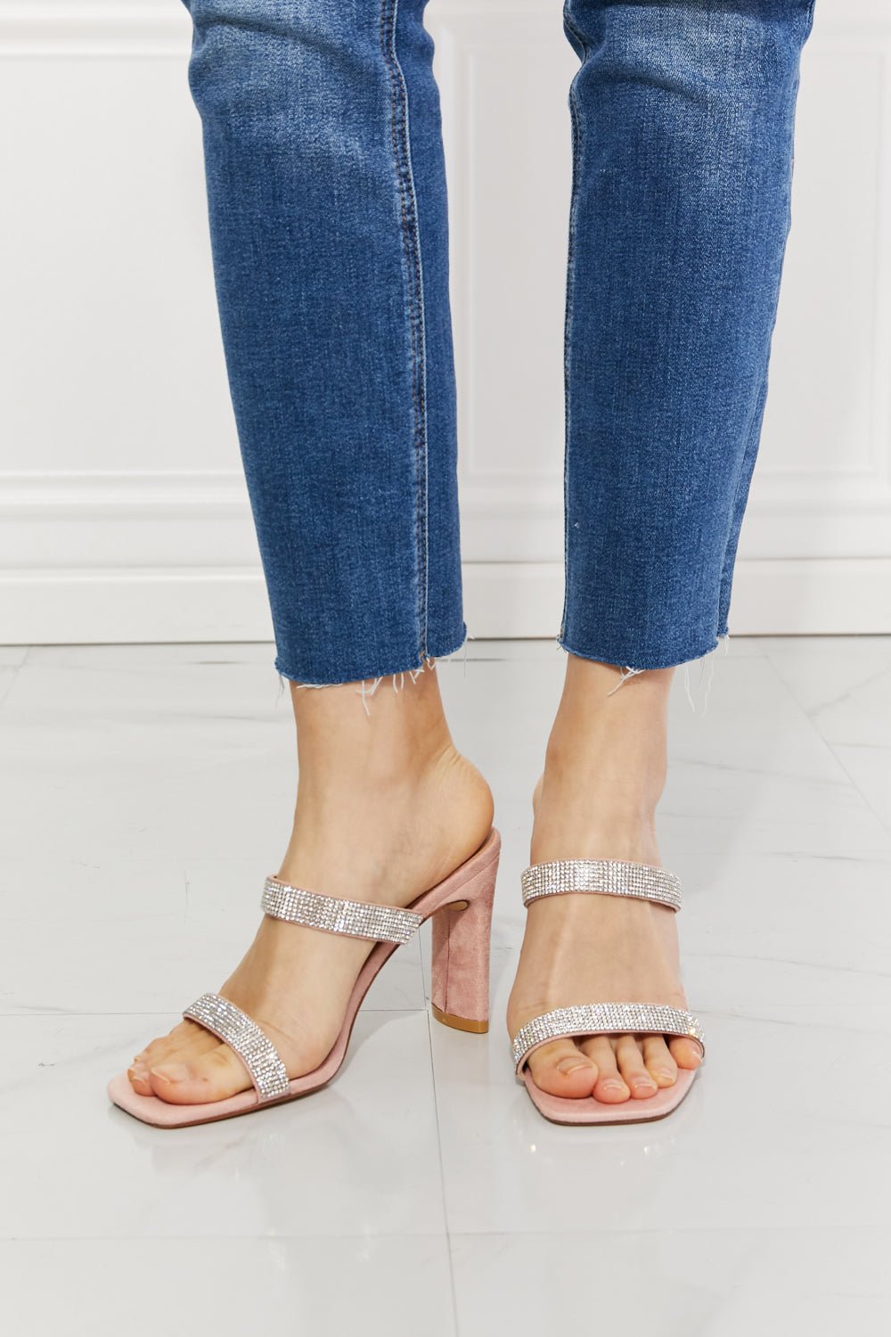 MMShoes Leave A Little Sparkle Rhinestone Block Heel Sandal in Pink - Bella Blue Styles