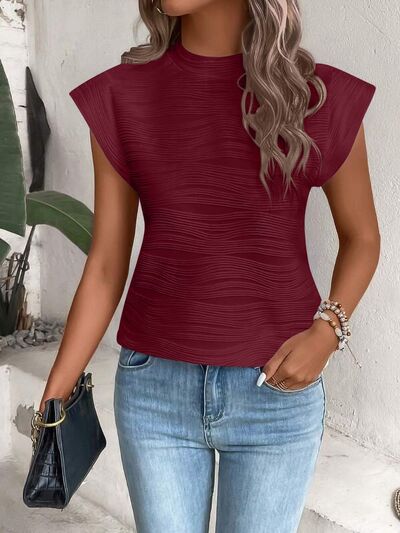 Mock Neck Cap Sleeve Blouse - Bella Blue Styles