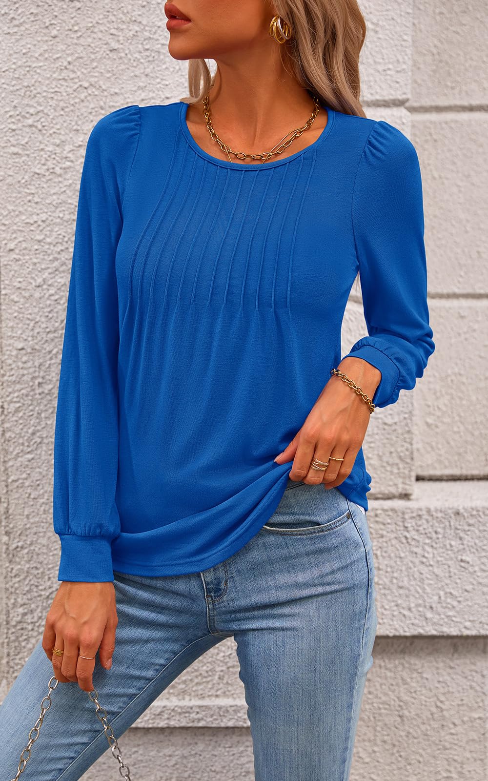 NALANISA Women's Puff Long Sleeve Tunic Tops Pleated Work Blouses Dressy Casual Loose Crew Neck T - Shirts Fall Fashion 2024(Blue,XL) - Bella Blue Styles