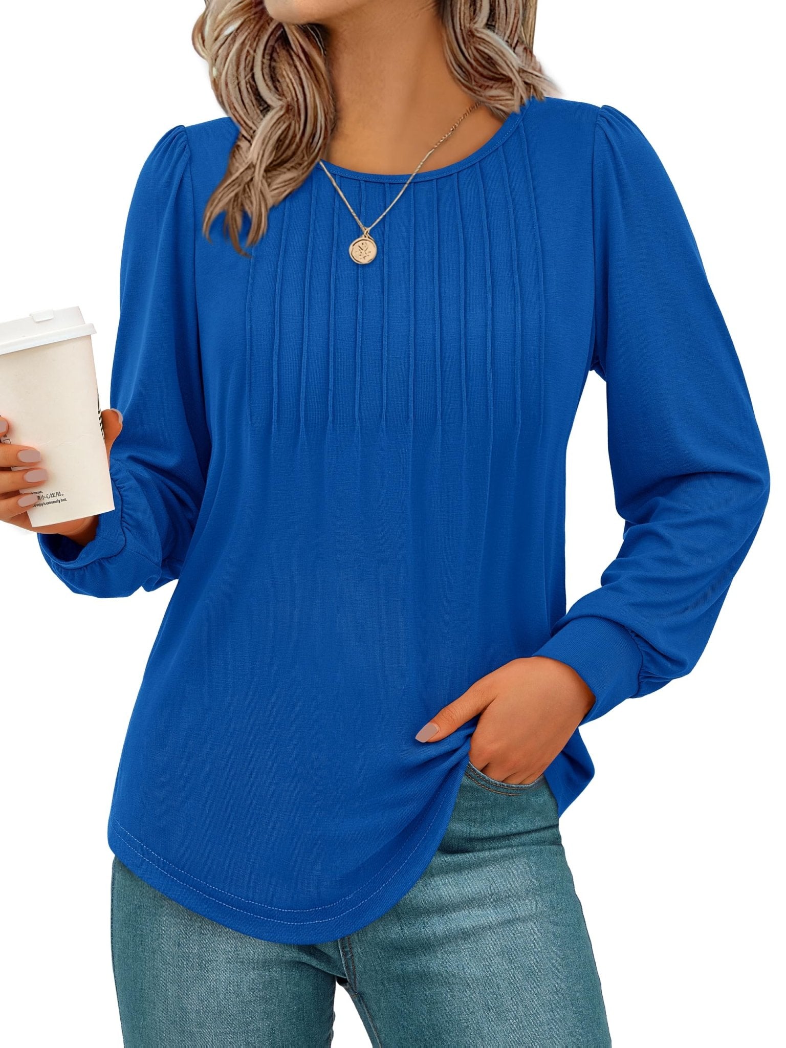 NALANISA Women's Puff Long Sleeve Tunic Tops Pleated Work Blouses Dressy Casual Loose Crew Neck T - Shirts Fall Fashion 2024(Blue,XL) - Bella Blue Styles