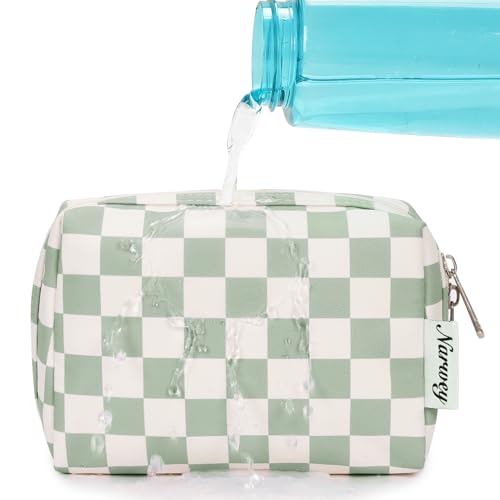 Narwey Small Makeup Bag for Purse Travel Makeup Pouch Mini Cosmetic Bag for Women (Mint Green Checkerboard, Small) - Bella Blue Styles