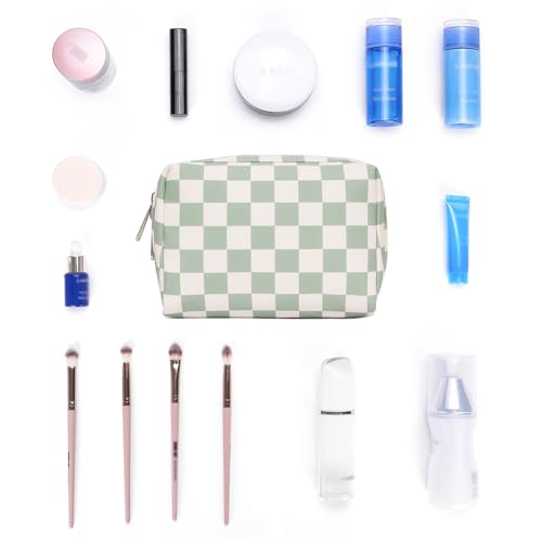 Narwey Small Makeup Bag for Purse Travel Makeup Pouch Mini Cosmetic Bag for Women (Mint Green Checkerboard, Small) - Bella Blue Styles