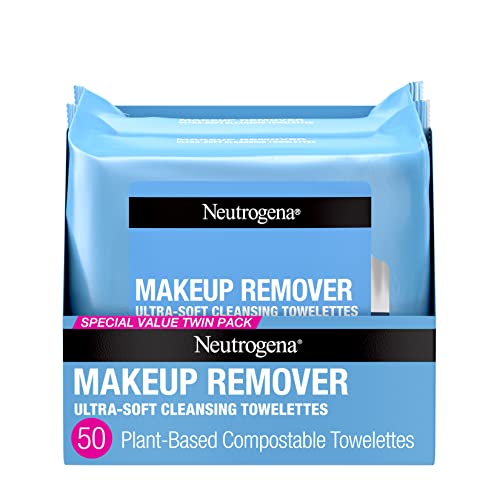 Neutrogena Makeup Remover Wipes, Ultra - Soft Cleansing Facial Towelettes for Waterproof Makeup, Alcohol - Free, Plant - Based, Twin Pack, 25 Count (Pack of 2) - Bella Blue Styles