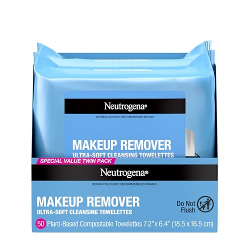 Neutrogena Makeup Remover Wipes, Ultra - Soft Cleansing Facial Towelettes for Waterproof Makeup, Alcohol - Free, Plant - Based, Twin Pack, 25 Count (Pack of 2) - Bella Blue Styles