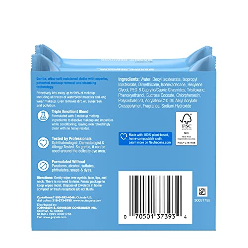 Neutrogena Makeup Remover Wipes, Ultra - Soft Cleansing Facial Towelettes for Waterproof Makeup, Alcohol - Free, Plant - Based, Twin Pack, 25 Count (Pack of 2) - Bella Blue Styles