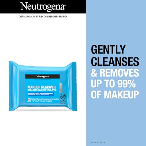 Neutrogena Makeup Remover Wipes, Ultra - Soft Cleansing Facial Towelettes for Waterproof Makeup, Alcohol - Free, Plant - Based, Twin Pack, 25 Count (Pack of 2) - Bella Blue Styles