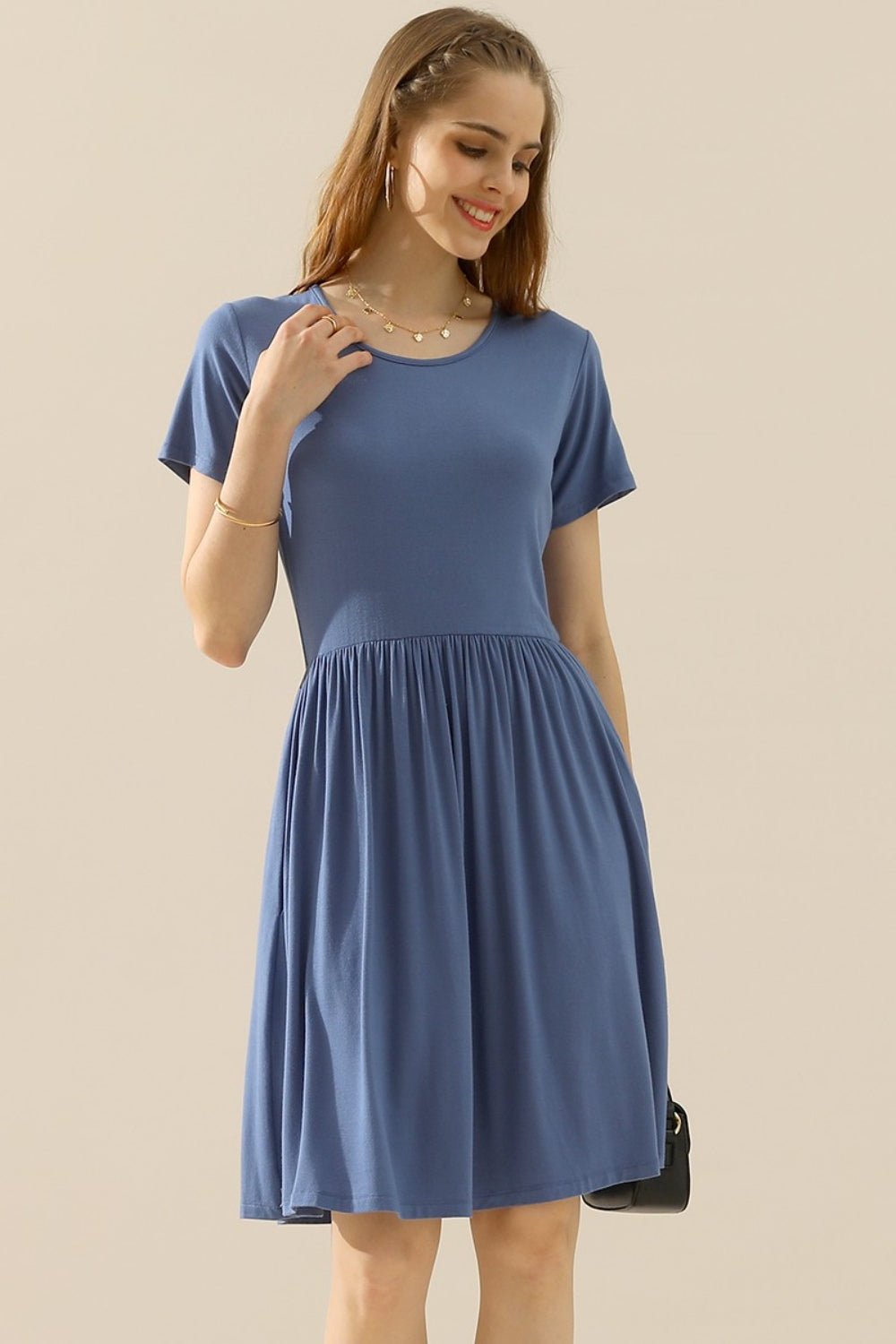 Ninexis Full Size Round Neck Ruched Dress with Pockets - Bella Blue Styles