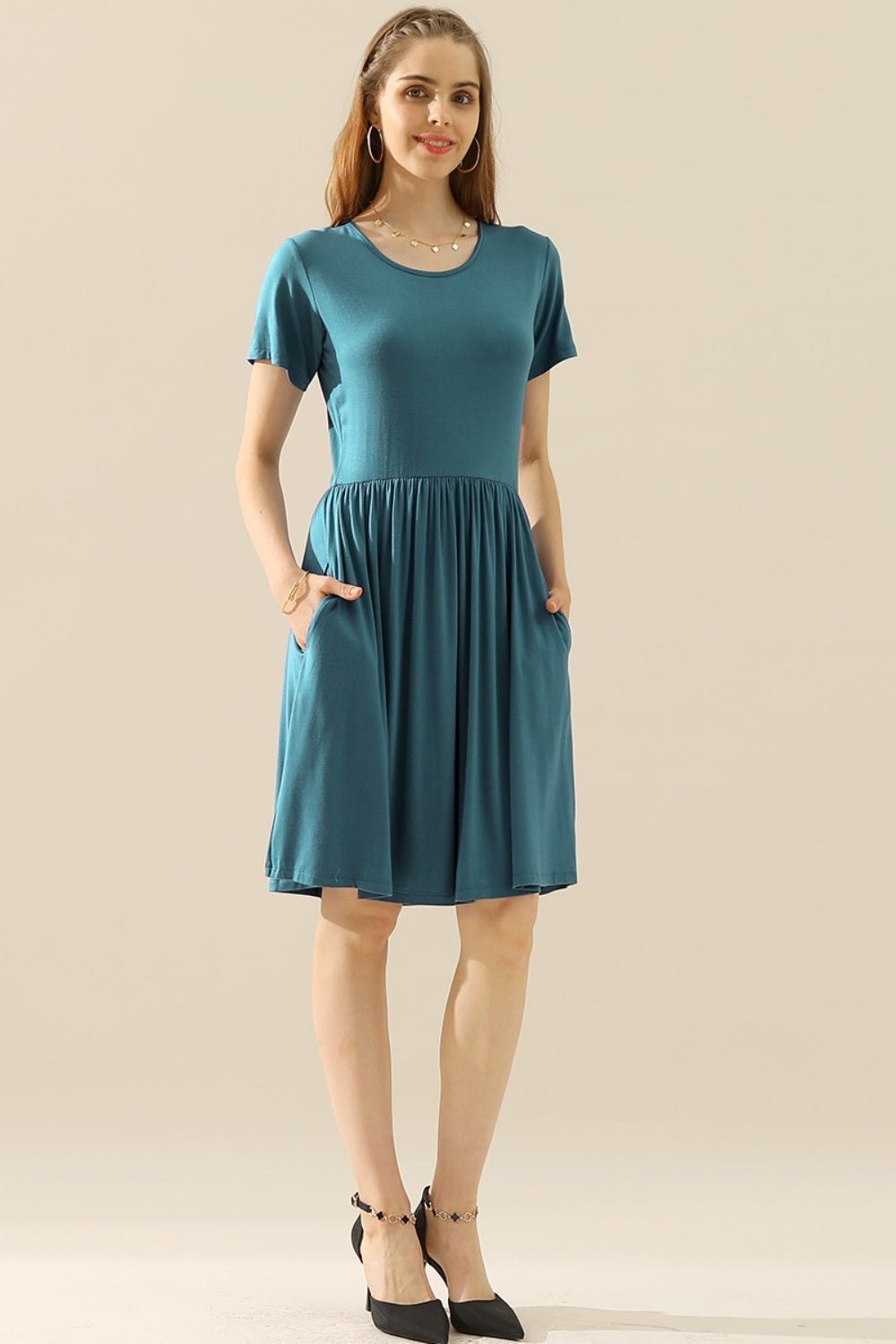 Ninexis Full Size Round Neck Ruched Dress with Pockets - Bella Blue Styles