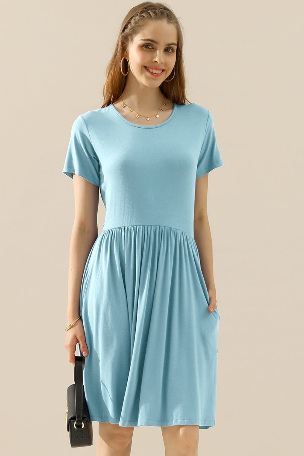 Ninexis Full Size Round Neck Ruched Dress with Pockets - Bella Blue Styles