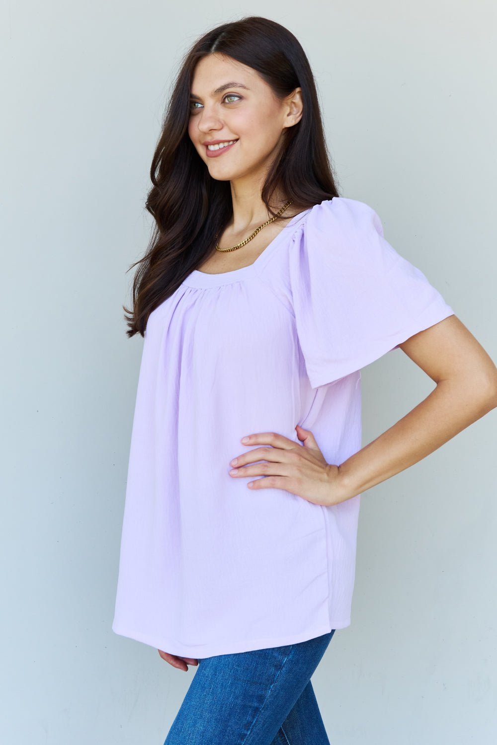 Ninexis Keep Me Close Square Neck Short Sleeve Blouse in Lavender - Bella Blue Styles