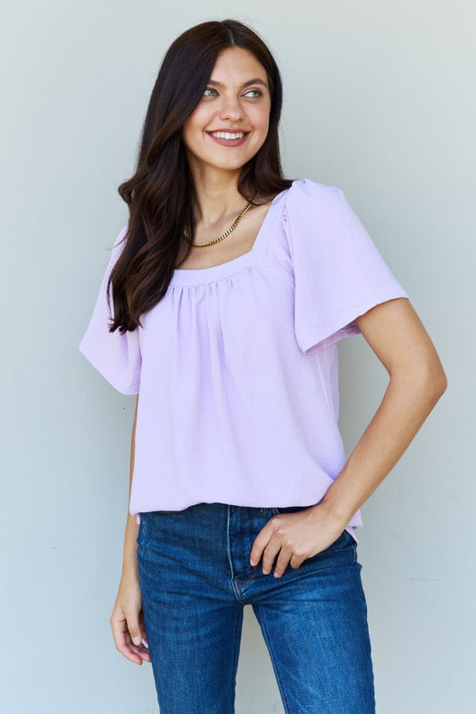 Ninexis Keep Me Close Square Neck Short Sleeve Blouse in Lavender - Bella Blue Styles