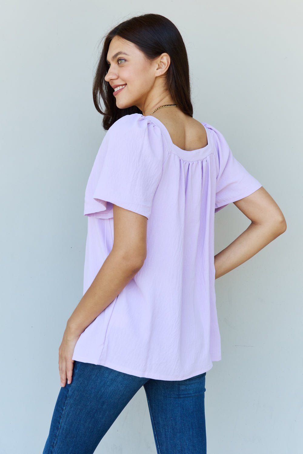 Ninexis Keep Me Close Square Neck Short Sleeve Blouse in Lavender - Bella Blue Styles