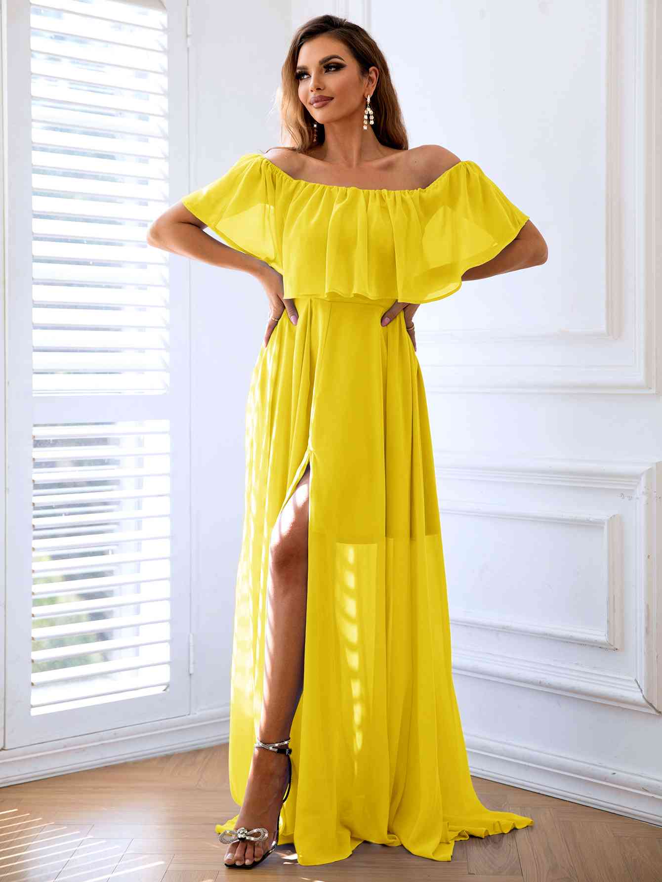 Off-Shoulder Layered Split Maxi Dress - Bella Blue Styles