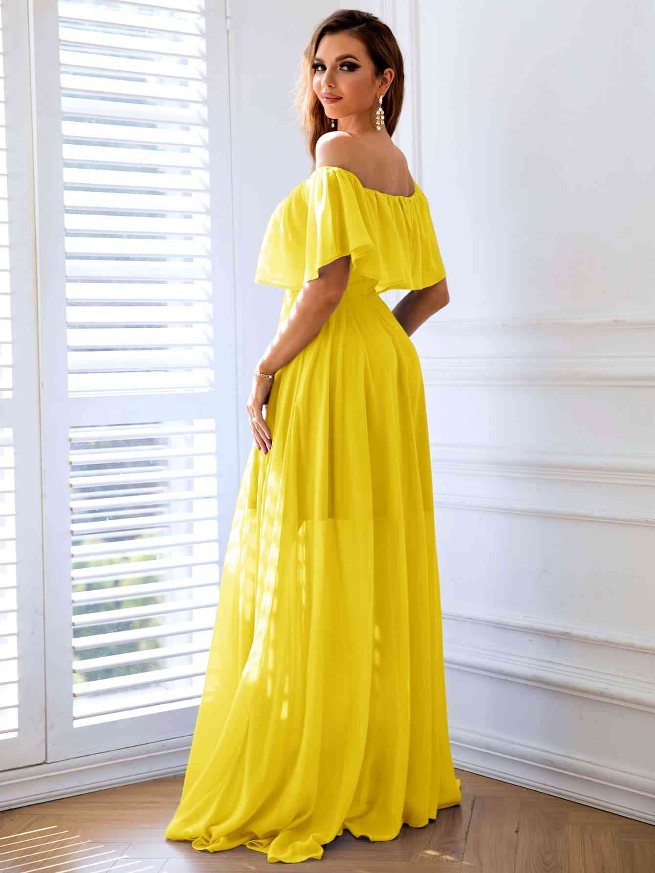 Off-Shoulder Layered Split Maxi Dress - Bella Blue Styles