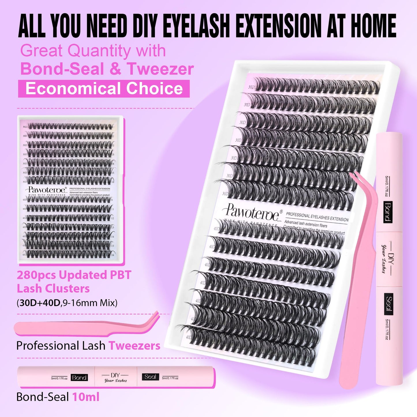 Pawotence Lash Extension Kit DIY 280pcs Lash Clusters Eyelash Extension Kit, 9 - 16mm Mix 30D 40D Curl Individual Lashes Kit with Lash Bond and Seal Lash Tweezers for Self Use(30D&40D - 0.07D - 9 - 16MIX KIT) - Bella Blue Styles