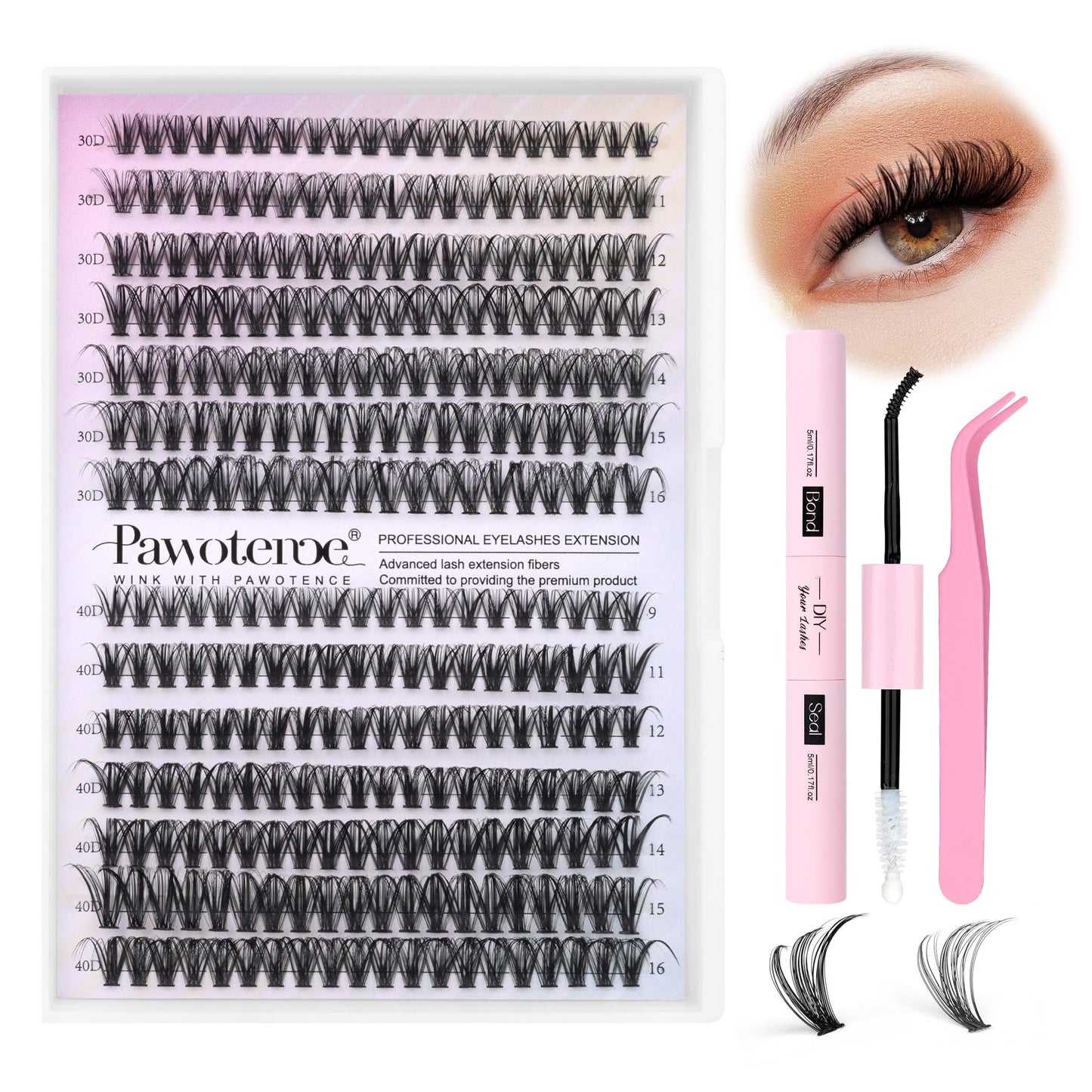 Pawotence Lash Extension Kit DIY 280pcs Lash Clusters Eyelash Extension Kit, 9 - 16mm Mix 30D 40D Curl Individual Lashes Kit with Lash Bond and Seal Lash Tweezers for Self Use(30D&40D - 0.07D - 9 - 16MIX KIT) - Bella Blue Styles