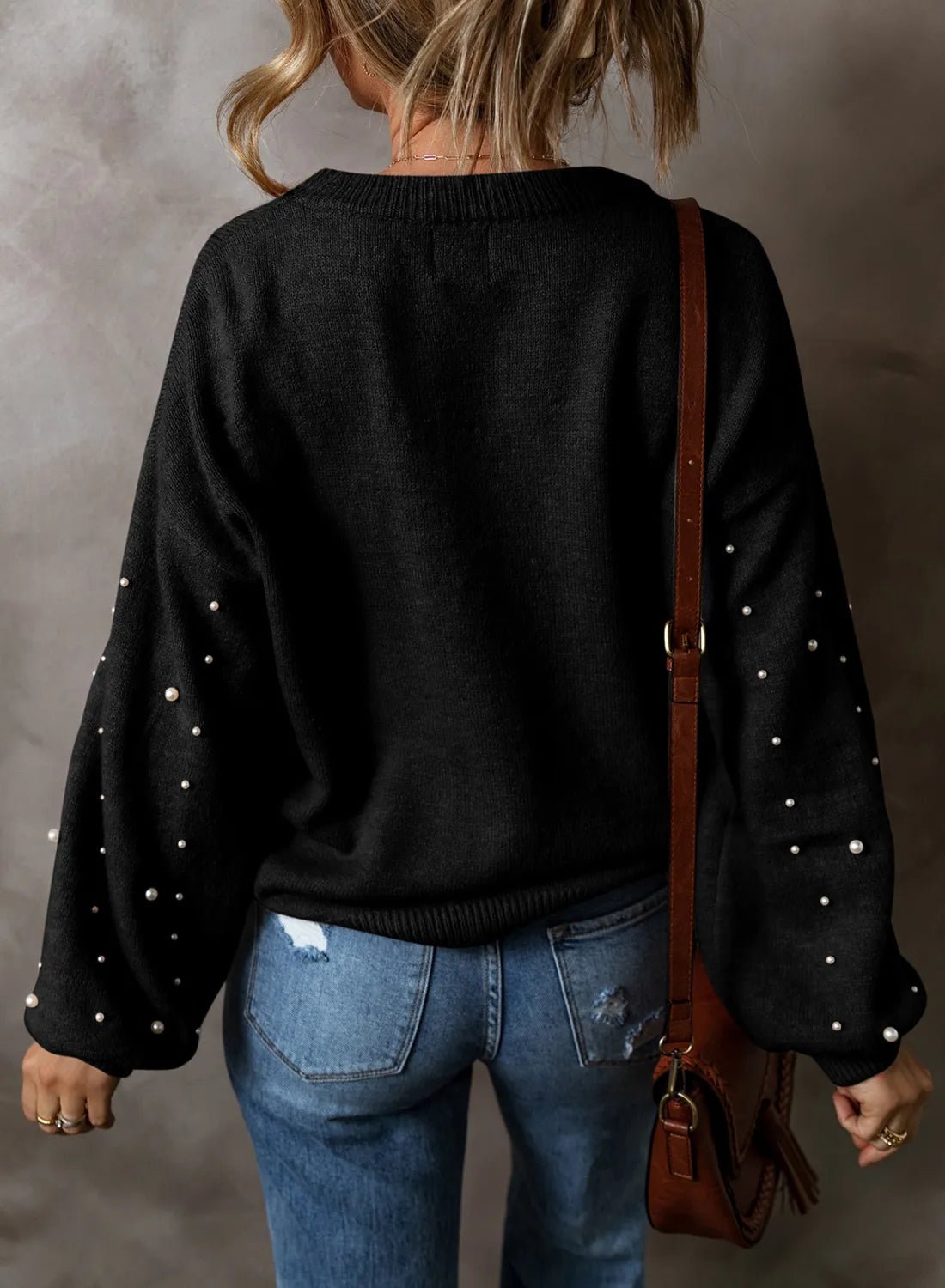 Pearl Detail Round Neck Long Sleeve Sweater - Bella Blue Styles