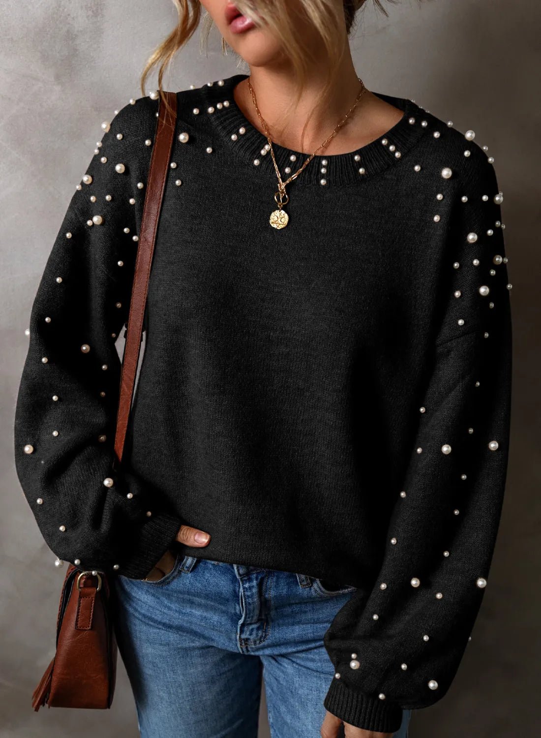 Pearl Detail Round Neck Long Sleeve Sweater - Bella Blue Styles